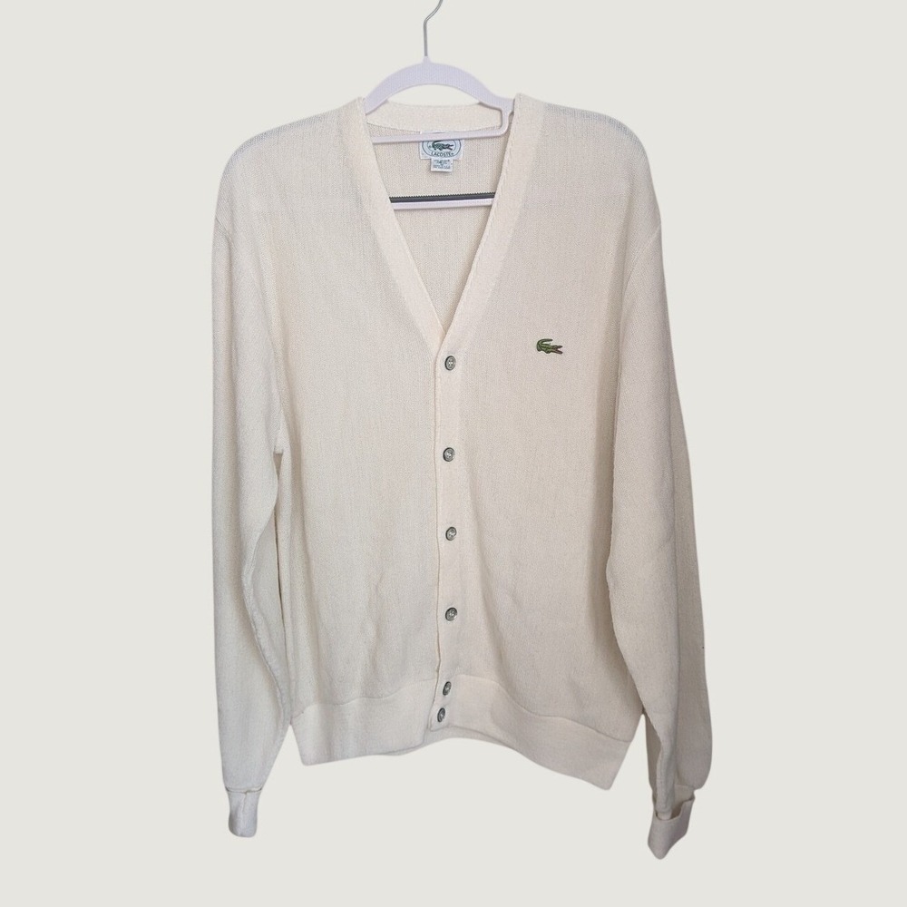 Vintage 80s Izod Lacoste Mens Cardigan Sweater Cream White Medium